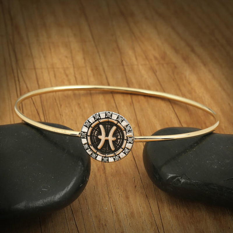 BiggDesign Pisces Sign Sterling Silver Bangle Bracelet for Women with Cubic Zirconia, Gold