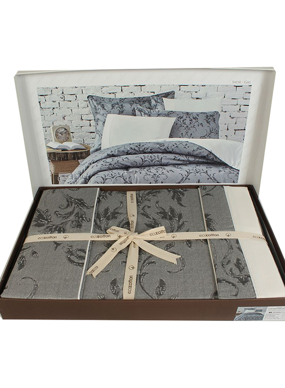 Ecocotton 6-Piece Safir Double Duvet Cover Set, 1 Duvet Cover + 1 Bed Sheet + 2 Pillow Cases + 2 Oxford Pillow Cases, Grey