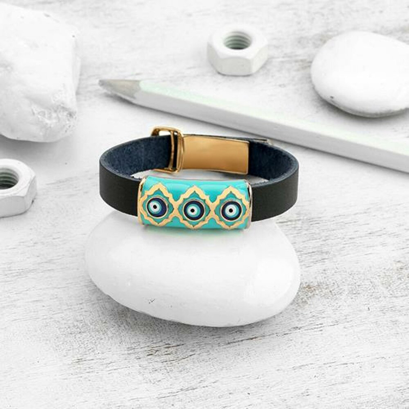 BiggDesign Evil-Eyes Leather Bangle Bracelet for Women, Blue