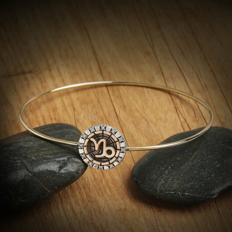 BiggDesign Capricorn Sterling Silver Bangle Bracelet with Cubic Zirconia for Women, Gold