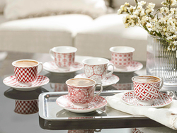 English Home 90ml 12-Piece Porcelain Arista Traditional Turkish Coffee Cup and Saucer Set, White/Red