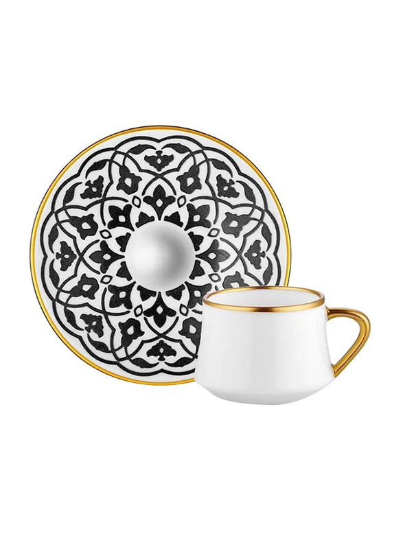 Koleksiyon 12-Piece Tulip Sufi Turkish Coffee Cup and Saucer Set, White/Gold/Black