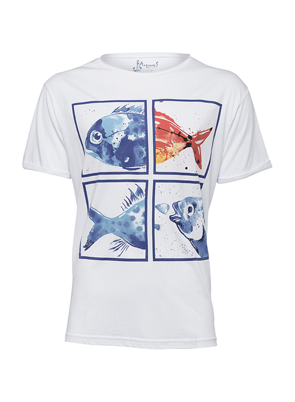 BiggDesign Anemoss Aquarium Short Sleeve Crew T-Shirt for Men, White/Blue/Orange