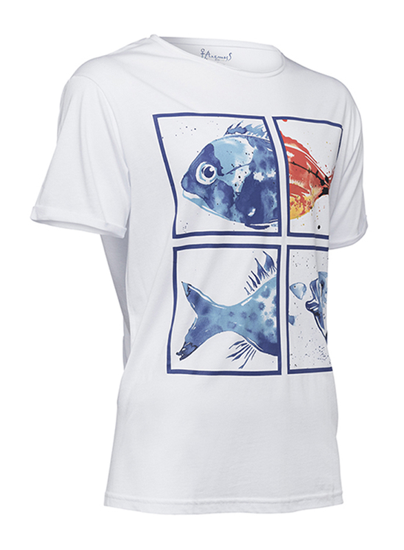 BiggDesign Anemoss Aquarium Short Sleeve Crew T-Shirt for Men, White/Blue/Orange