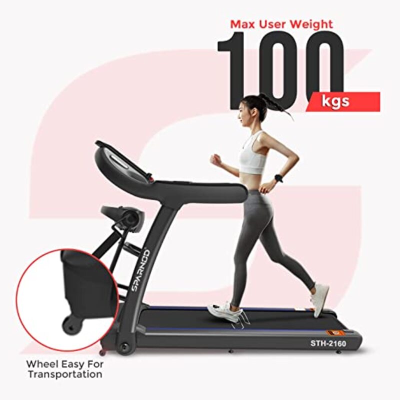 SPARNOD FITNESS STH-2160 4-HP Peak Multifunctional Treadmill for Home Use, Space Saving 90° Foldable, 4-HP Peak, 100-kg Max User Weight, 1-14 km/hr Speed