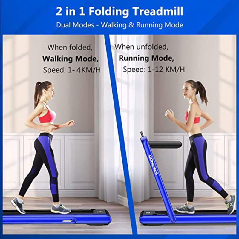 Sparnod Fitness STH-3020 2-in-1 Foldable Treadmill for Home Cum Under Desk Walking Pad, Blue/Black