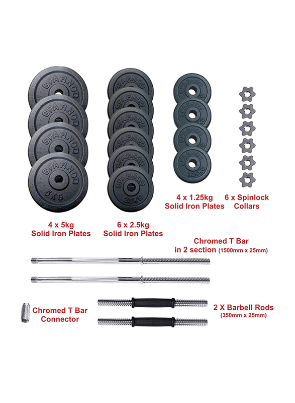 Sparnod Fitness Adjustable Dumbbell & Barbell Weight Set, 50KG, Black