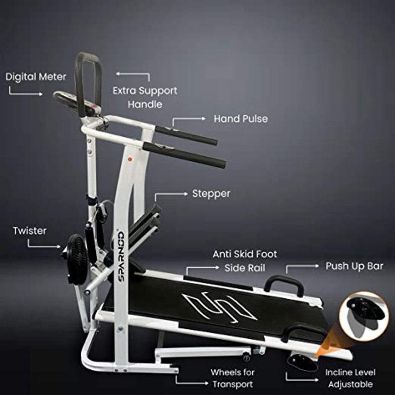 Sparnod Fitness STH-600 Manual 4 in 1 Multifunction Treadmill Running Machine for Home Gym, Black/Silver