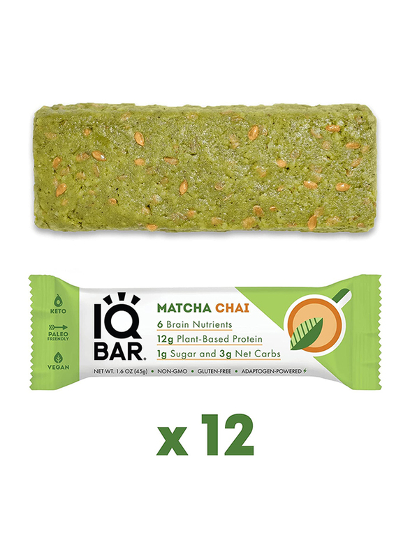 IQ Bar Brain and Body Keto Protein Bars, 12 Bars, Matcha Chai