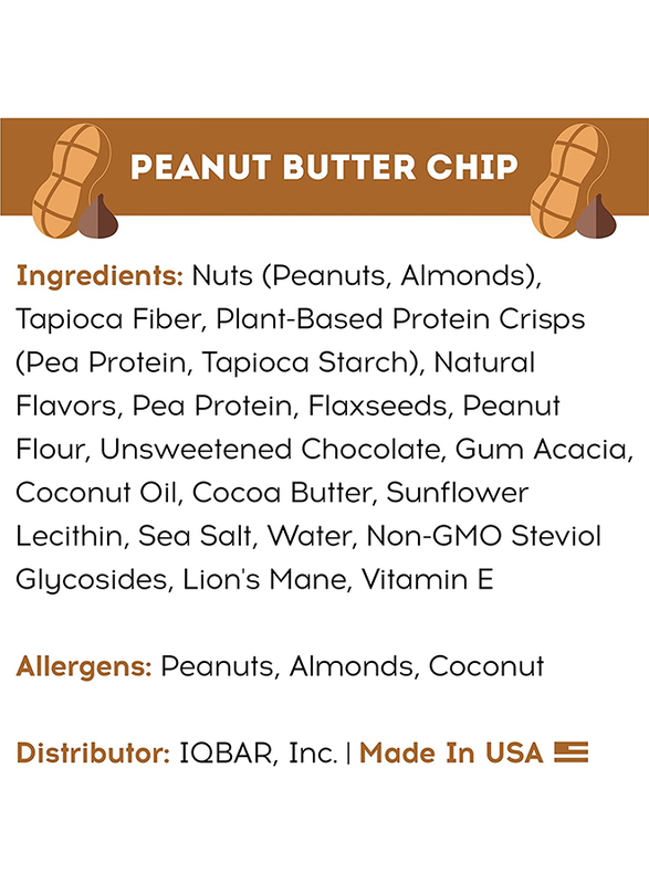 IQ Bar Brain and Body Keto Protein Bars, 12 Bars, Peanut Butter Chip