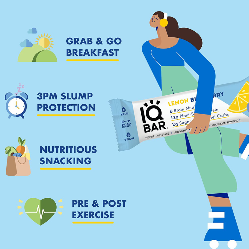 IQ Bar Brain and Body Keto Protein Bars, 12 Bars, Lemon Blueberry