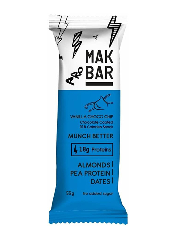 Mak Bar Pro Almonds, Pea Protein & Dates Choco Chip Protein Bar, 12 x 55g, Vanilla