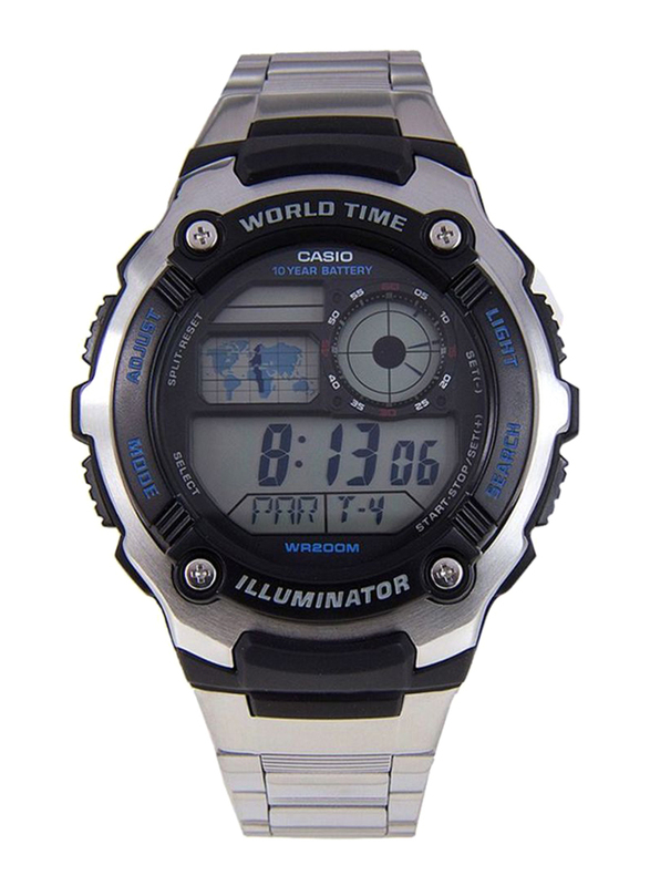 Casio Illuminator Digital Watch for Men with Stainless Steel Band, Water Resistant, AE-2100WD-1AVDF, Silver/Grey
