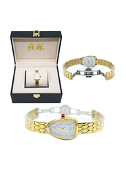 A&H Analog Watch for Women with Stainless Steel Band, Gold-White
