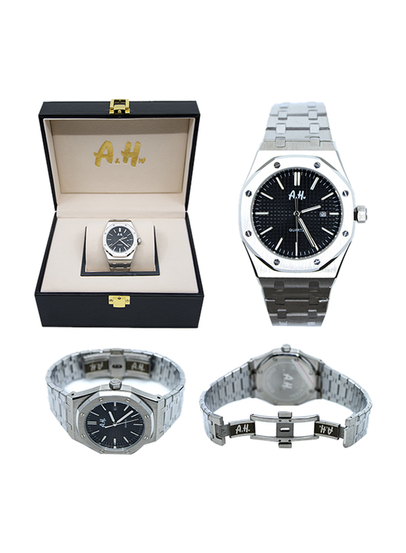 A&H Analog Watch for Men with Stainless Steel Band, Silver-Black