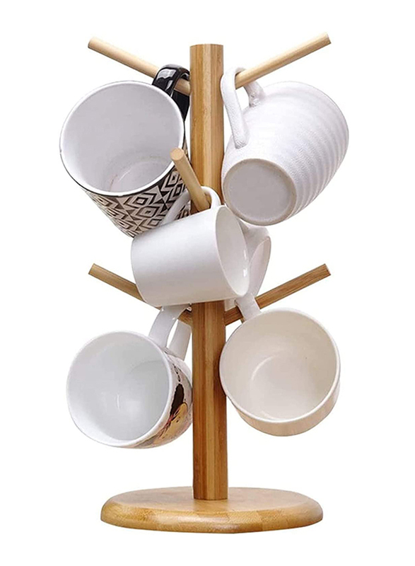 

Stud Wooden Cup and Mug Holder Stand with 6 Hooks, Beige