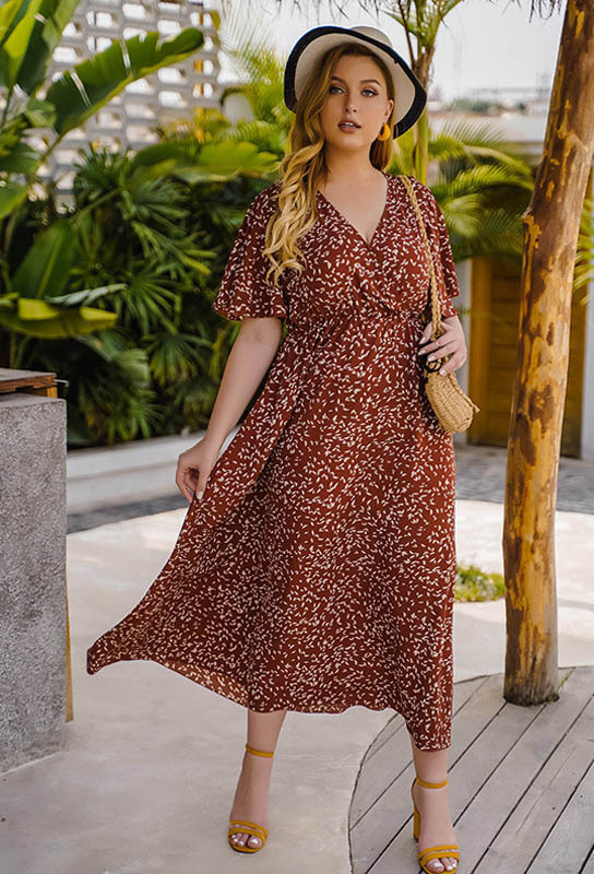 

Dinazah Floral Printed Ruffled Tight V-Neck Short Sleeve Midi Dress for Women, Extra Large, Multicolour