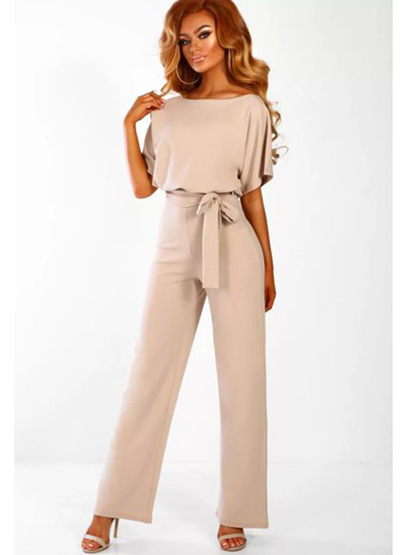 

Dinazah Casual Boat Neck Short Sleeves Loose Romper Jumpsuits for Women, Large, Apricot Beige