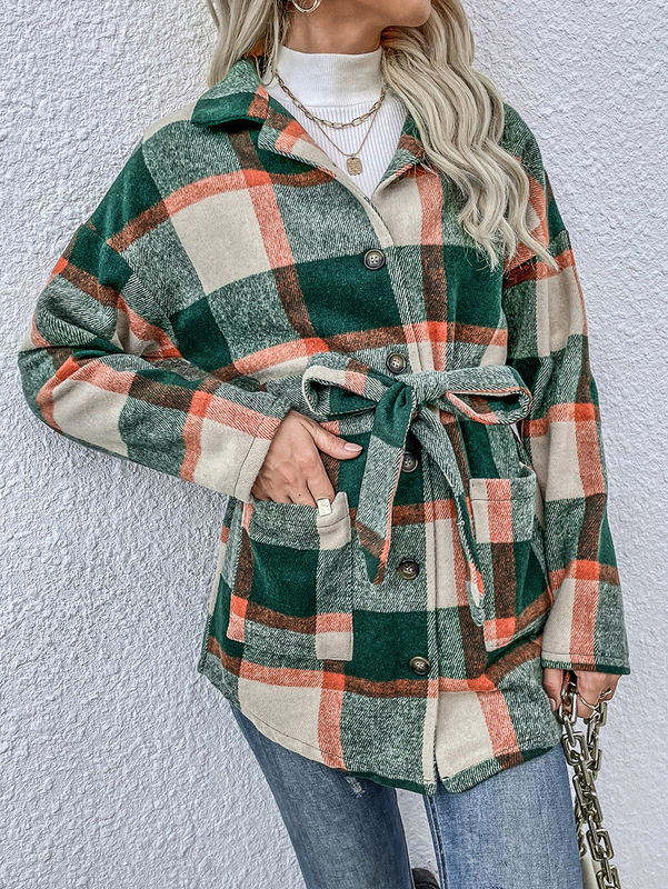 

Dinazah Long Sleeve and Collared Neck Plaid Pattern Mid-Length Shirt Coat for Women, Extra Large, Multicolour