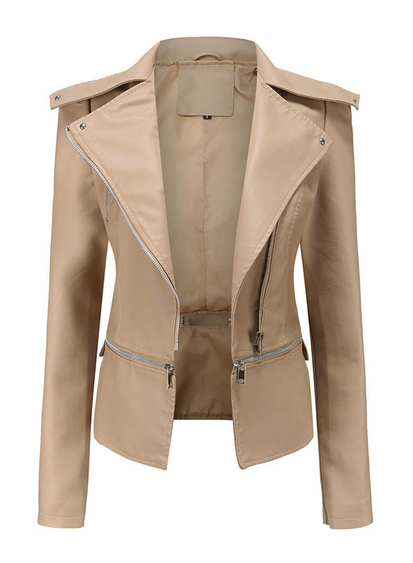 

Dinazah Long Sleeve and Collared Neck Detachable Leather Jacket for Women, 3XL, Beige