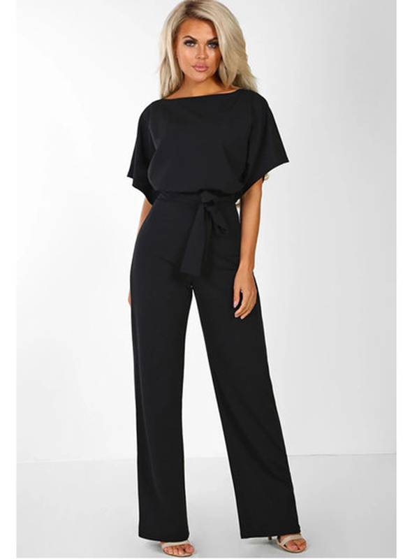 

Dinazah Casual Boat Neck Short Sleeves Loose Romper Jumpsuits for Women, Medium, Black