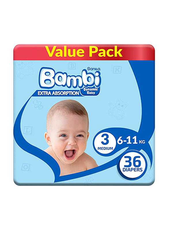 

Sanita Bambi Baby Diapers, Size 3, 6-11 kg, Value Pack, 36 Count