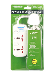 Terminator 2 Way Universal Power Extension Socket, 5 Meter Cable, White