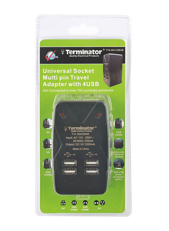 

Terminator Universal Socket Multi Pin Travel Adapter with 4 USB Charging Sockets, Black