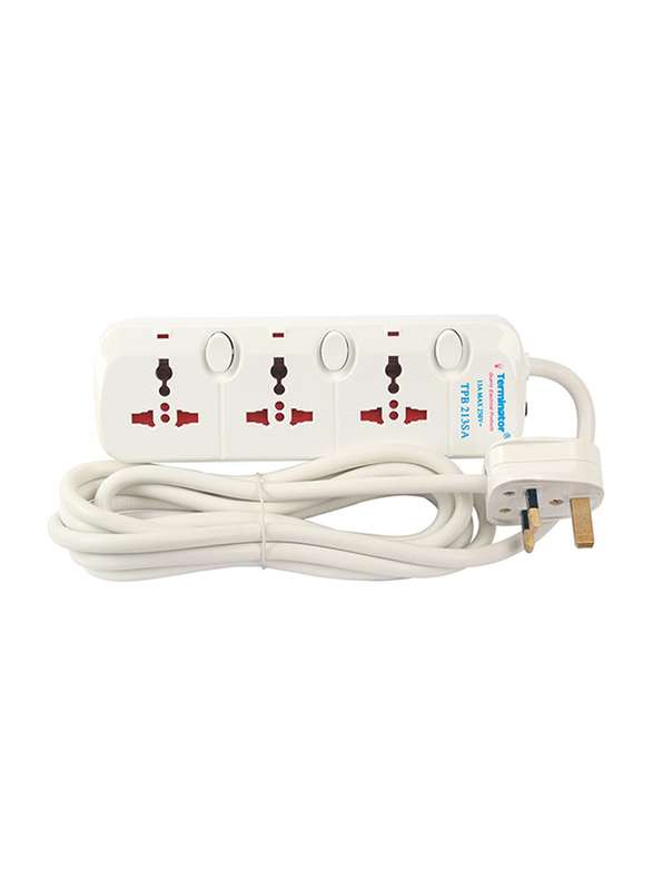

Terminator 3 Way Universal Power Extension Socket, 2 Meter Cable, White