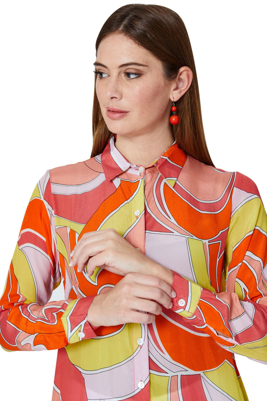 Couturelabs Gabriela Holiday in Ibiza 3/4 Three-Quarter Sleeves Collared Pucci Print Tunic Top for Women, Small, Orange