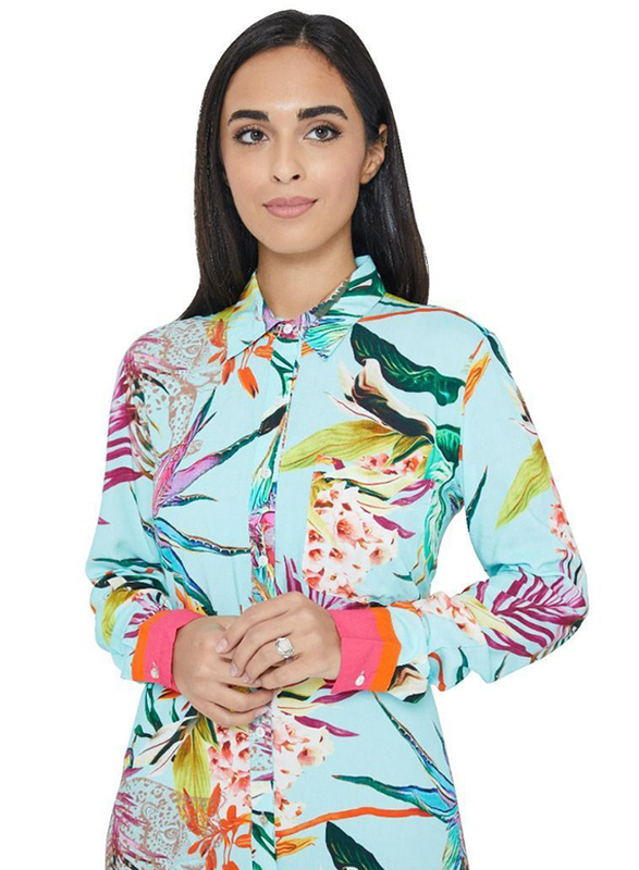 Couturelabs Galia Tropical Sunrise V-Neck Long Sleeve Tropical Floral Print Dress, Small, Green