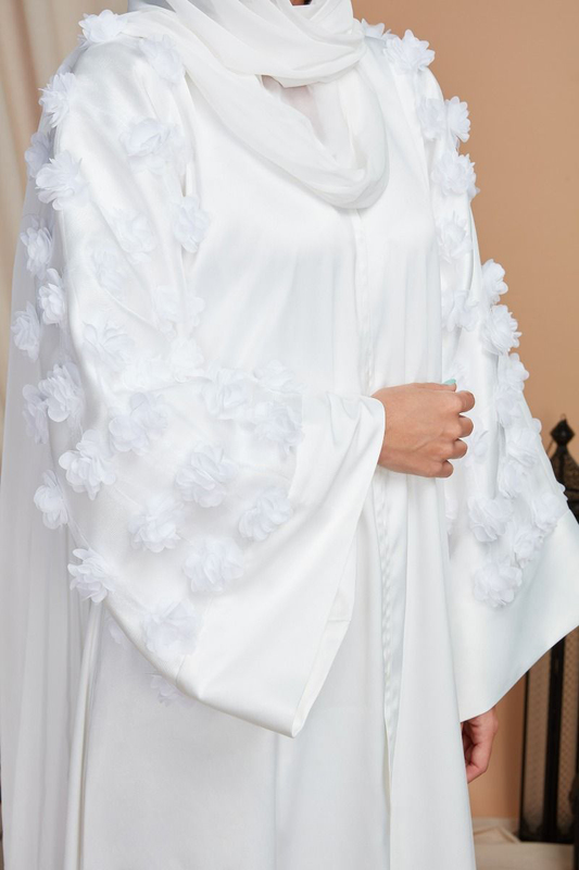 Couturelabs Aafreen Inayat Collection V-Neck Bell Sleeve Flower Print Abaya Dress, Small, Off White