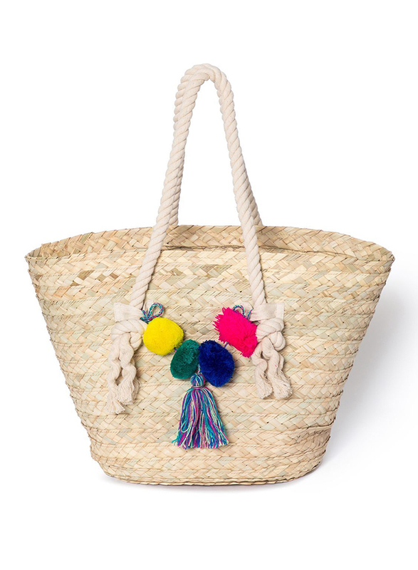 Couturelabs Lucia Medium Cotton & Straw Shopper Bag for Women, Beige