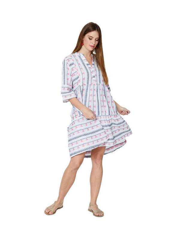 

Couture Labs Couturelabs Annisa Sunsets in Bali V-Neck Short Sleeve Ikat Woven Design Mini Dress, Medium, Rose/Pink