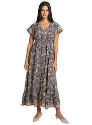 Couturelabs Selena Screen Printed Fit & Flare V-Neck Set In Sleeves Dress for Women, Large, Charcoal Grey