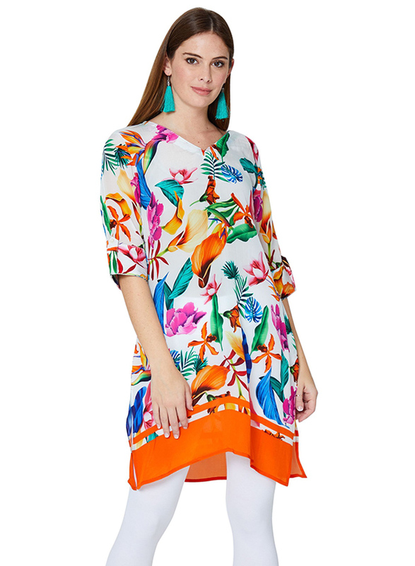 Couturelabs Julieta Holiday in Ibiza 3/4 Three-Quarter Sleeves V-Neck Floral Print Tunic Top for Women, Large, White