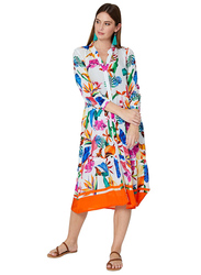 Couturelabs Isla Holiday in Ibiza V-Neck Short Sleeve Floral Print Dress, Medium, Orange