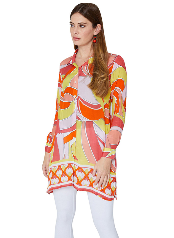 Couturelabs Gabriela Holiday in Ibiza 3/4 Three-Quarter Sleeves Collared Pucci Print Tunic Top for Women, Small, Orange