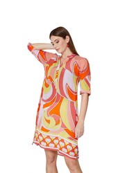 Couturelabs Carmen Holiday in Ibiza Short Sleeve V-Neck Pucci Print Tunic Tops for Women, Medium, Orange