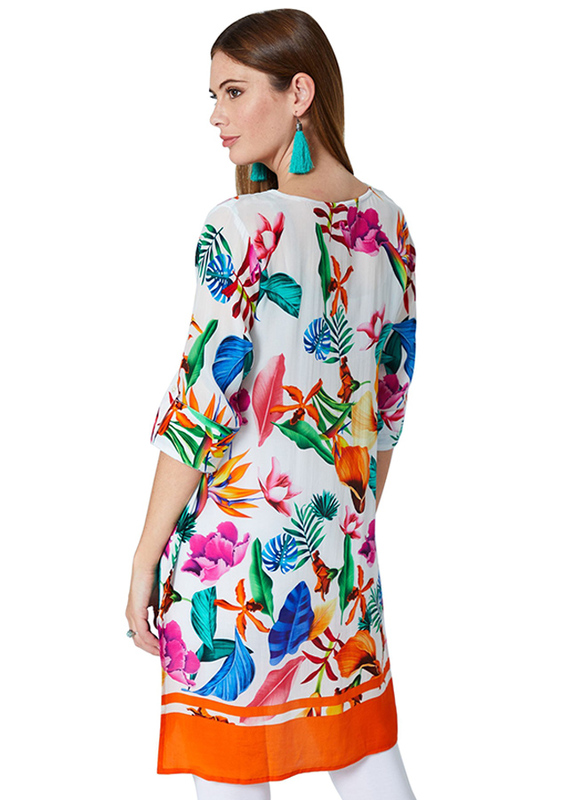 Couturelabs Julieta Holiday in Ibiza 3/4 Three-Quarter Sleeves V-Neck Floral Print Tunic Top for Women, Large, White