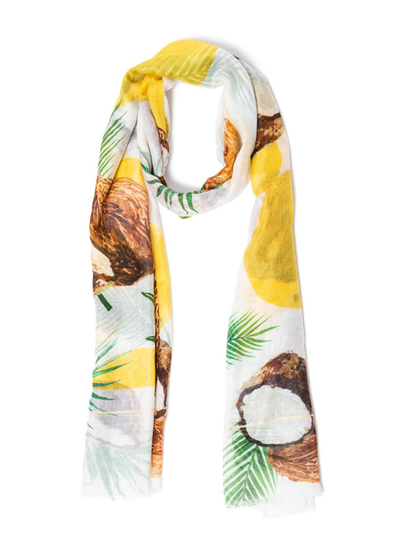 Couturelabs Cleo Coconut & Palm Leaves Silk Blend Scarf for Women, White/Yellow/Brown