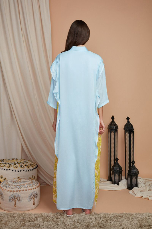 Couturelabs Aasma Inayat Collection V-Neck 3/4 Three Quarter Sleeve Floral Print Abaya Dress, Small, Blue/Yellow