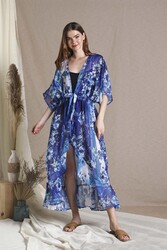 Couturelabs Amethyst Elbow Sleeve Polyester Open Neck Floral Print Maxi Cover-ups Dress, One Size, Blue