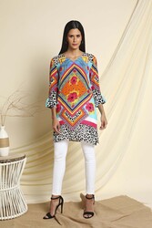 Couturelabs Aislin Long Sleeve Viscose Crepe V-Neck Vibrant Print Short Dress, Medium, Multicolour