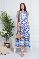 Couturelabs Emery A' La Mode V-Neck Sleeveless Floral Print Dress, Small, White/Blue