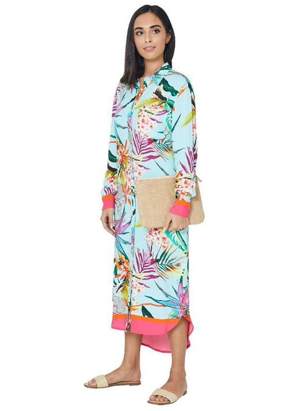 Couturelabs Galia Tropical Sunrise V-Neck Long Sleeve Tropical Floral Print Dress, Small, Green