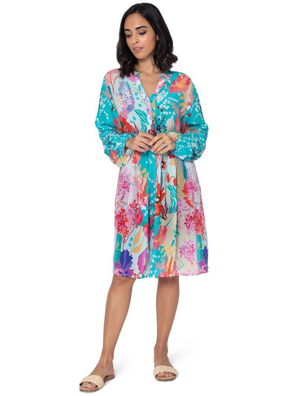 

Couture Labs Couturelabs Anthia Tropical Sunrise V-Neck Long Sleeve Floral Print Midi Dress, Small, Blue/Green