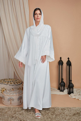 Couturelabs Badiya Inayat Collection V-Neck Bell Sleeve Paisly Print Abaya Dress, Small, Off White