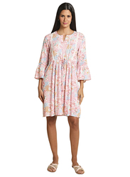 Couturelabs Zinnia Pink Floral Print Round Neck With Slit Fit & Flare Dress for Women, Medium, Pink