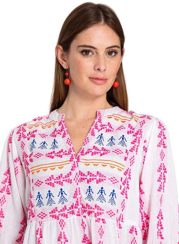 

Couture Labs Couturelabs Citra Sunsets in Bali Elbow Sleeve Stand V-Neck Tunic Ikat Design Blouse for Women, Medium, Pink/White